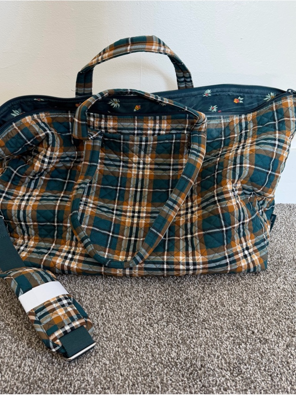 Vera Bradley Quilted Plaid Tote and Cosmetic Pouch in Teal, Brown, White - Picture 2 of 6